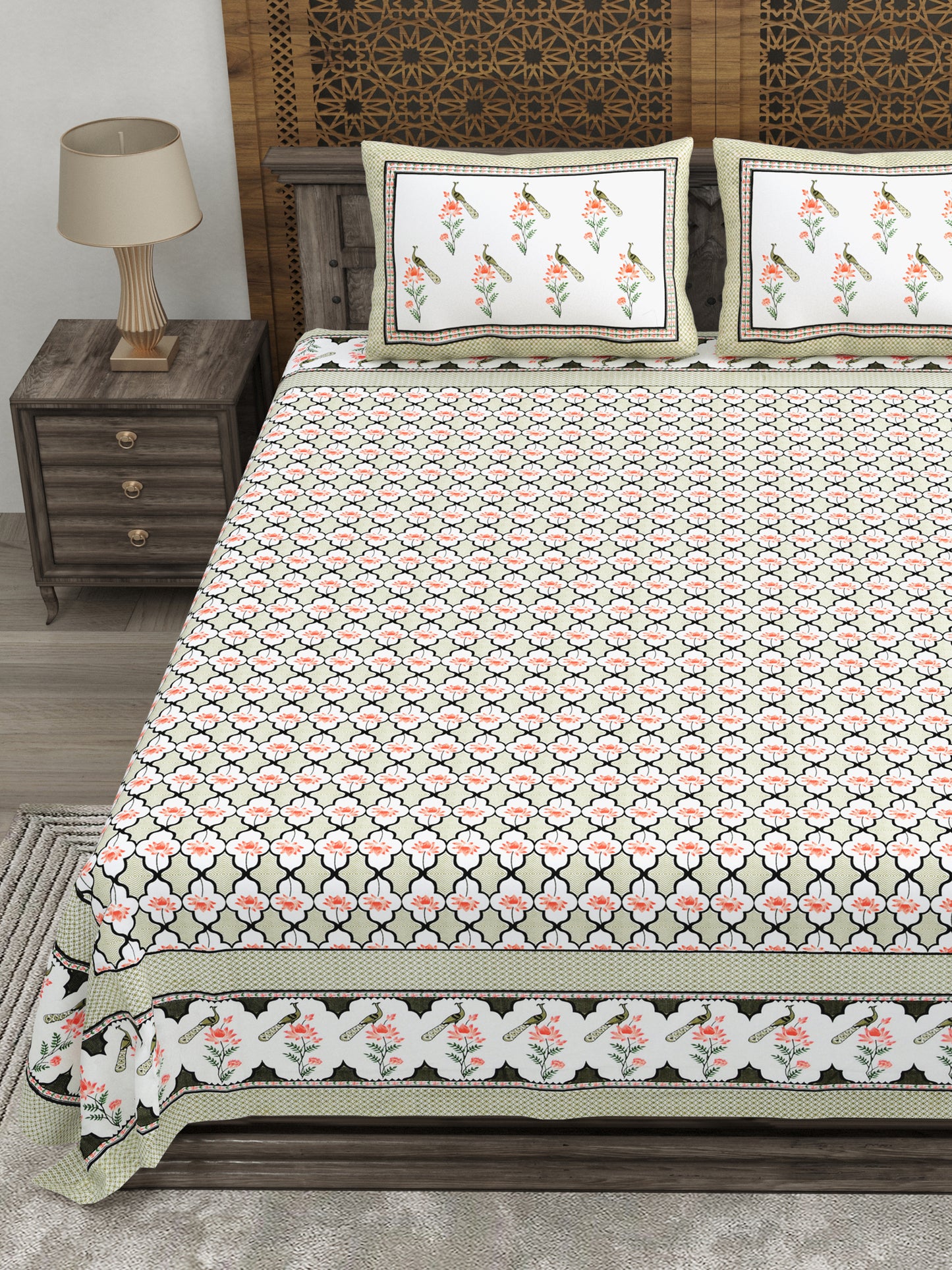 100% pure cotton jaipuri sanganari printed 98*108 king size Premium bedsheet with 2 Matching pillow covers