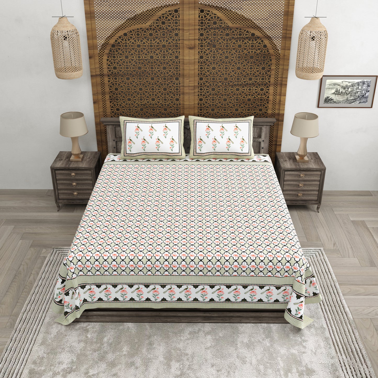 100% pure cotton jaipuri sanganari printed 98*108 king size Premium bedsheet with 2 Matching pillow covers