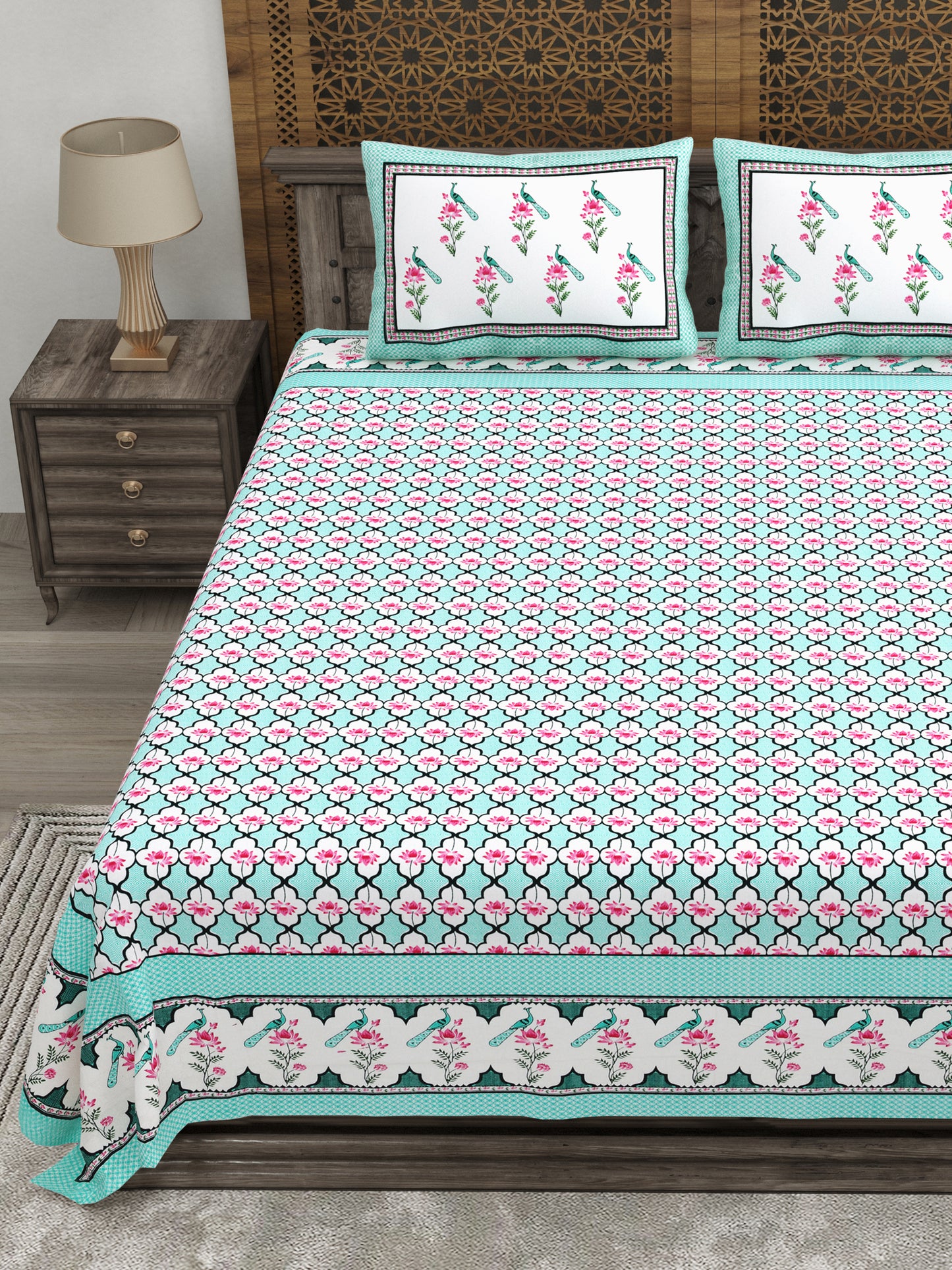 100% pure cotton jaipuri sanganari printed 98*108 king size Premium bedsheet with 2 Matching pillow covers