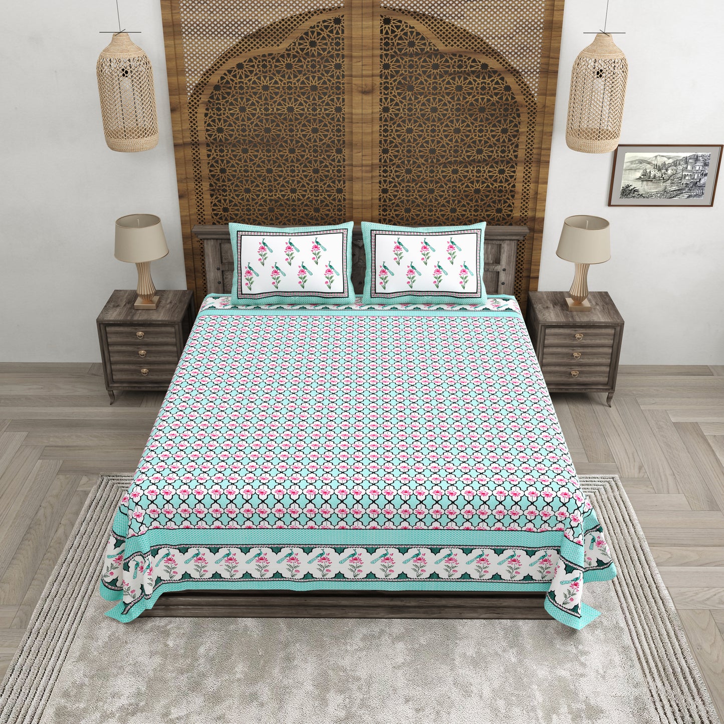 100% pure cotton jaipuri sanganari printed 98*108 king size Premium bedsheet with 2 Matching pillow covers