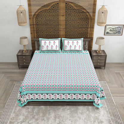 100% pure cotton jaipuri sanganari printed 98*108 king size Premium bedsheet with 2 Matching pillow covers