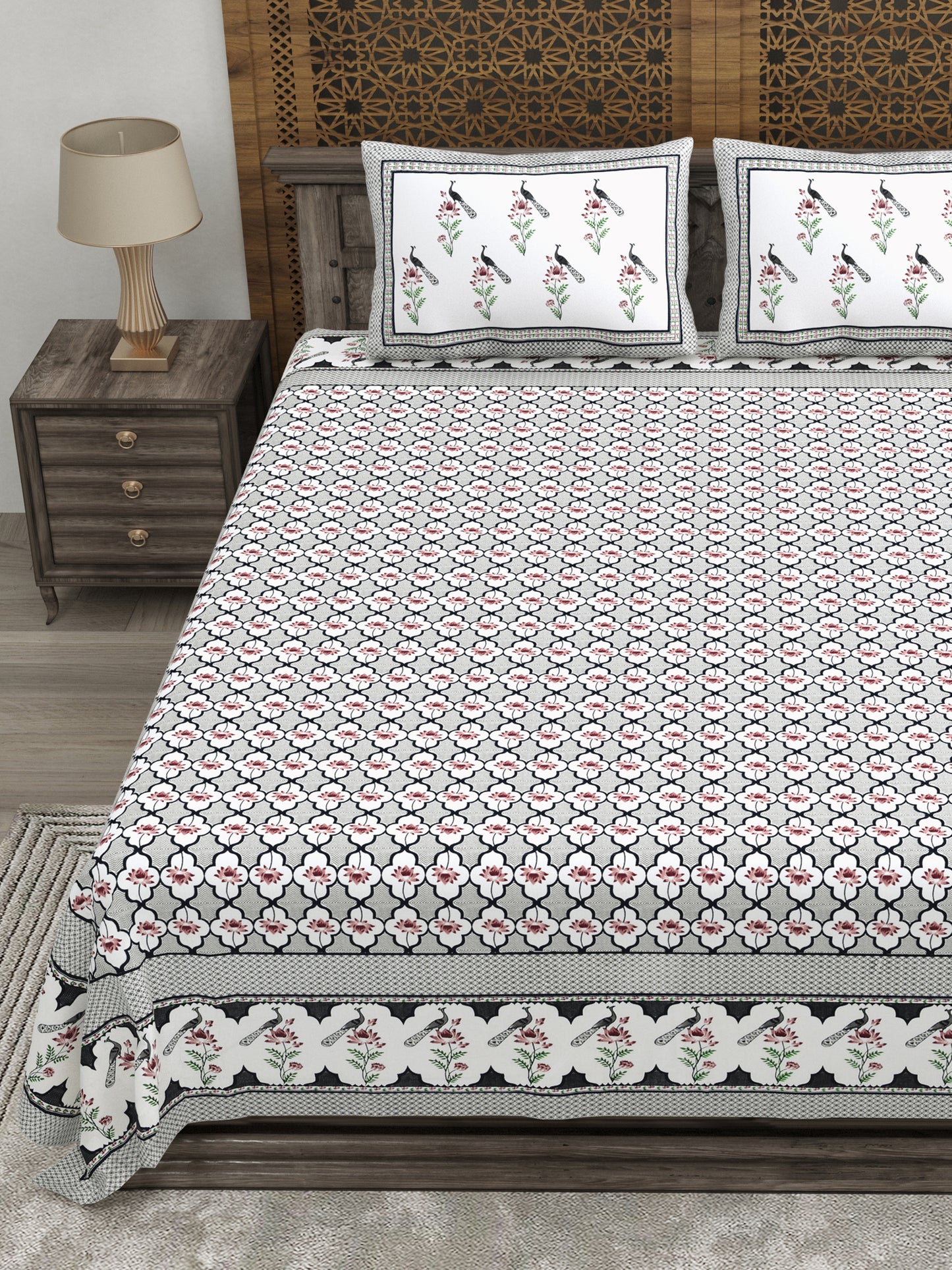 100% pure cotton jaipuri sanganari printed 98*108 king size Premium bedsheet with 2 Matching pillow covers