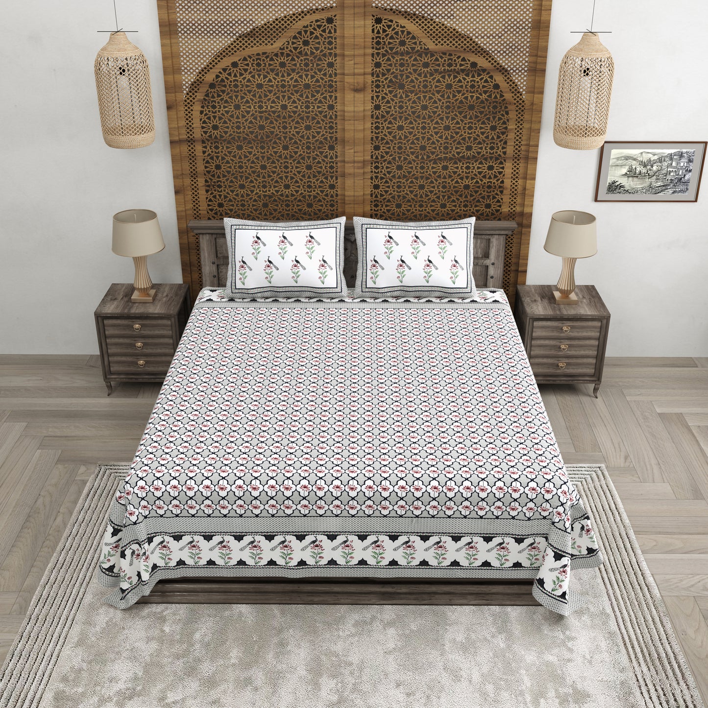 100% pure cotton jaipuri sanganari printed 98*108 king size Premium bedsheet with 2 Matching pillow covers
