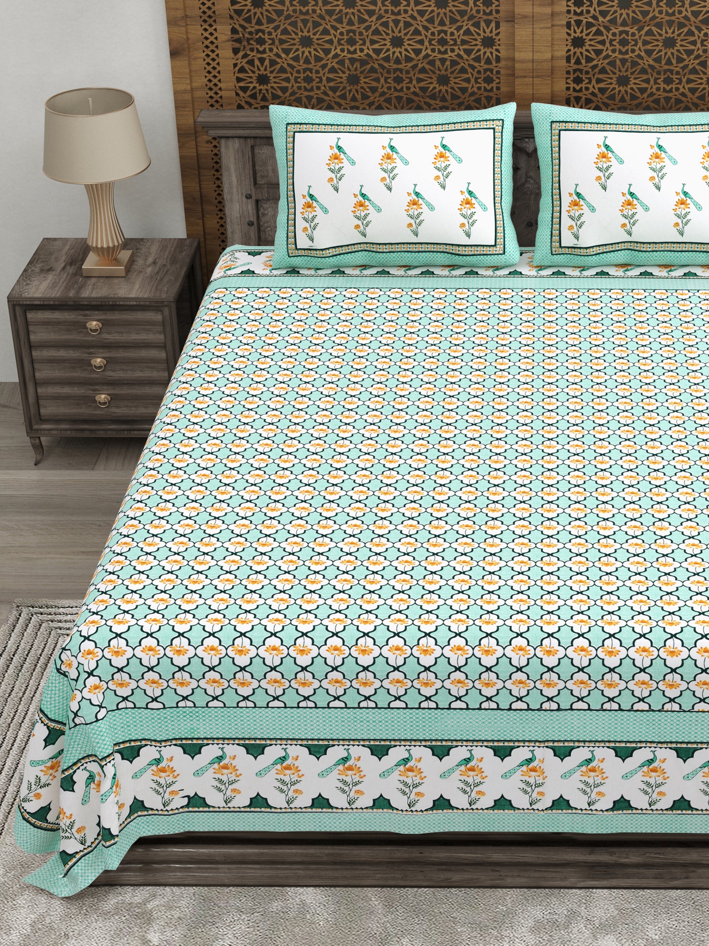 100% pure cotton jaipuri sanganari printed 98*108 king size Premium bedsheet with 2 Matching pillow covers