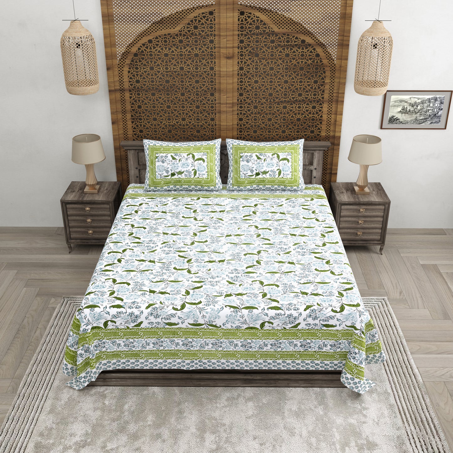 100% pure cotton jaipuri sanganari printed 98*108 king size Premium bedsheet with 2 Matching pillow covers