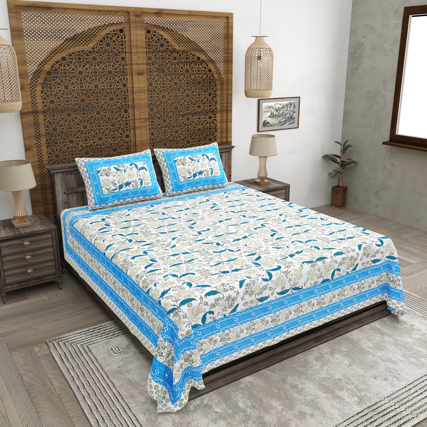 100% pure cotton jaipuri sanganari printed 98*108 king size Premium bedsheet with 2 Matching pillow covers