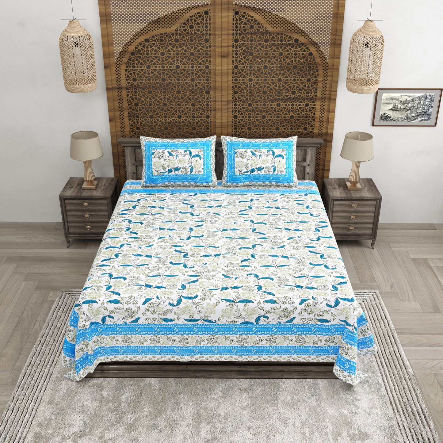 100% pure cotton jaipuri sanganari printed 98*108 king size Premium bedsheet with 2 Matching pillow covers