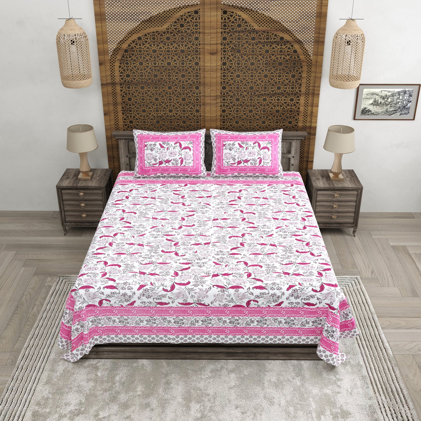 100% pure cotton jaipuri sanganari printed 98*108 king size Premium bedsheet with 2 Matching pillow covers
