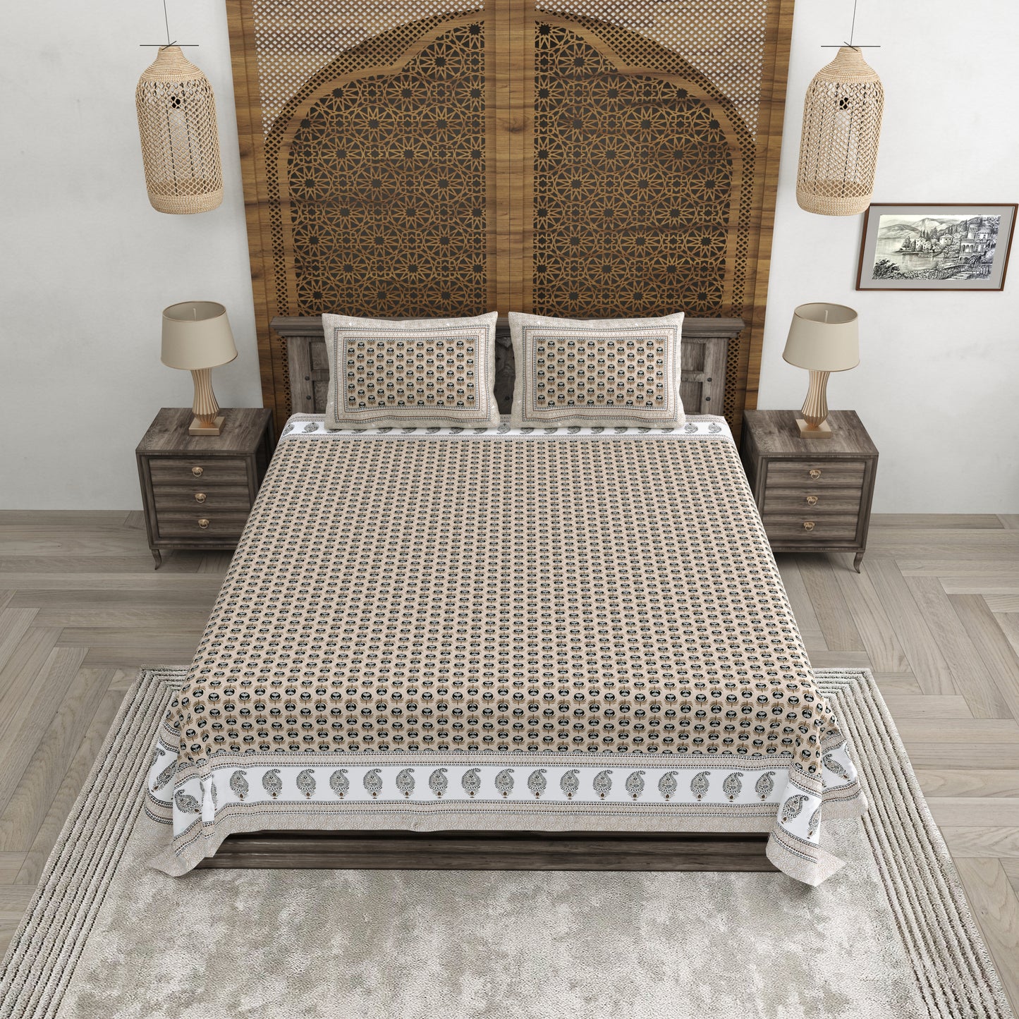 100% pure cotton jaipuri sanganari printed 98*108 king size Premium bedsheet with 2 Matching pillow covers