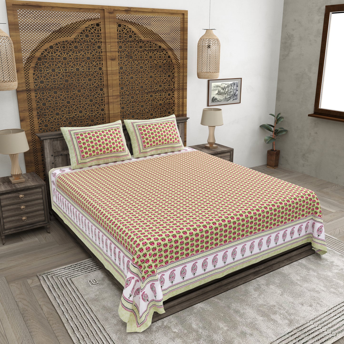 100% pure cotton jaipuri sanganari printed 98*108 king size Premium bedsheet with 2 Matching pillow covers