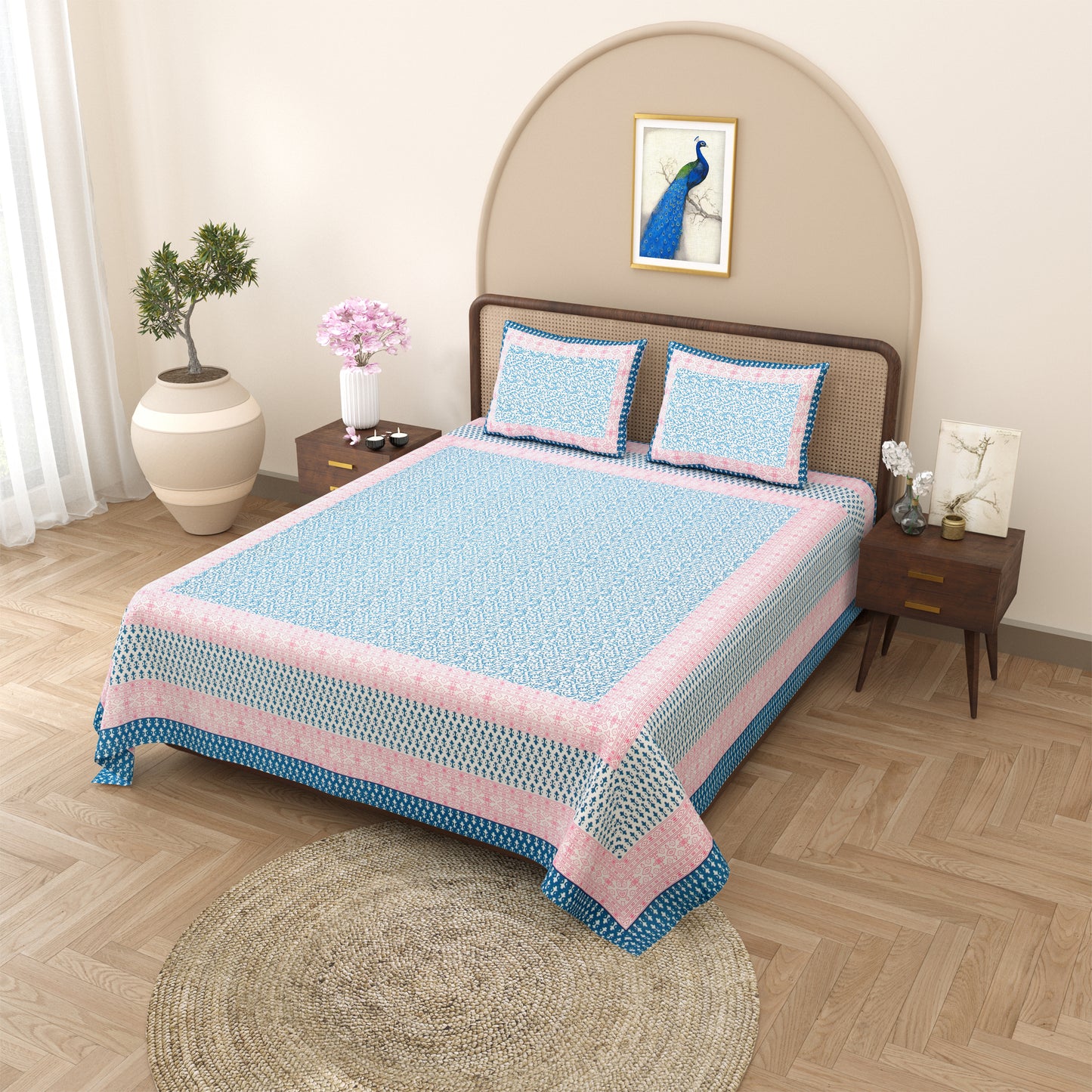 100% pure cotton jaipuri sanganari printed 98*108 king size Premium bedsheet with 2 Matching pillow covers
