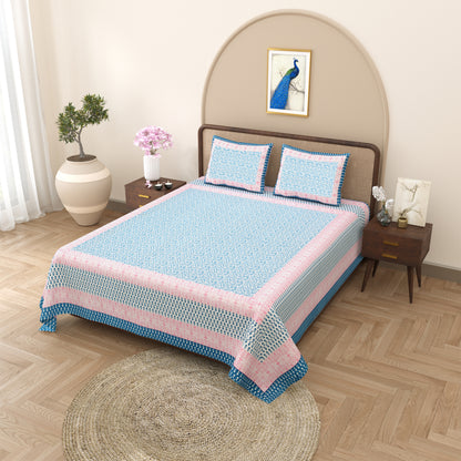 100% pure cotton jaipuri sanganari printed 98*108 king size Premium bedsheet with 2 Matching pillow covers