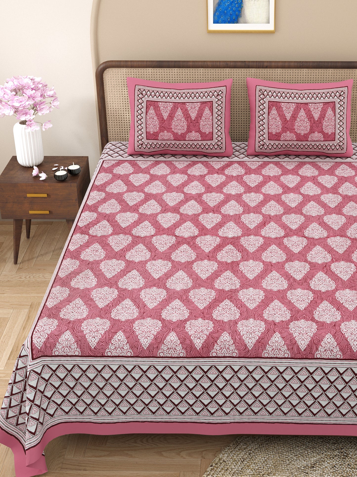 100% pure cotton jaipuri sanganari printed 98*108 king size Premium bedsheet with 2 Matching pillow covers