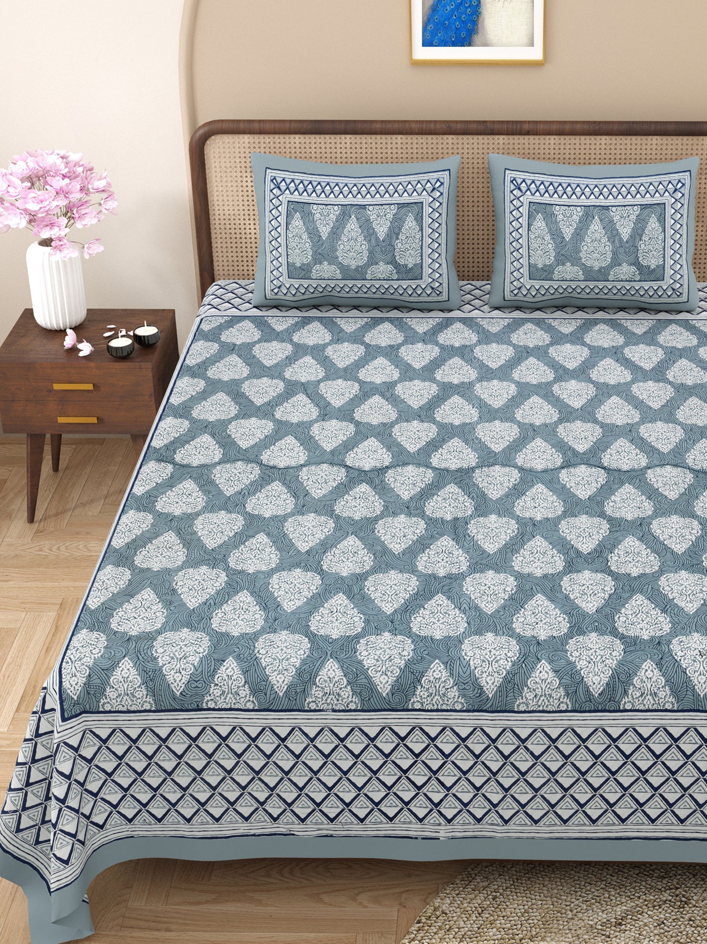 100% pure cotton jaipuri sanganari printed 98*108 king size Premium bedsheet with 2 Matching pillow covers