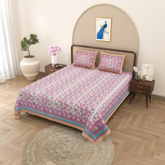 100% pure cotton jaipuri sanganari printed 98*108 king size Premium bedsheet with 2 Matching pillow covers