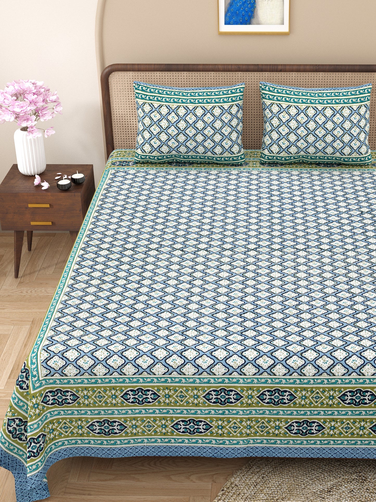 100% pure cotton jaipuri sanganari printed 98*108 king size Premium bedsheet with 2 Matching pillow covers