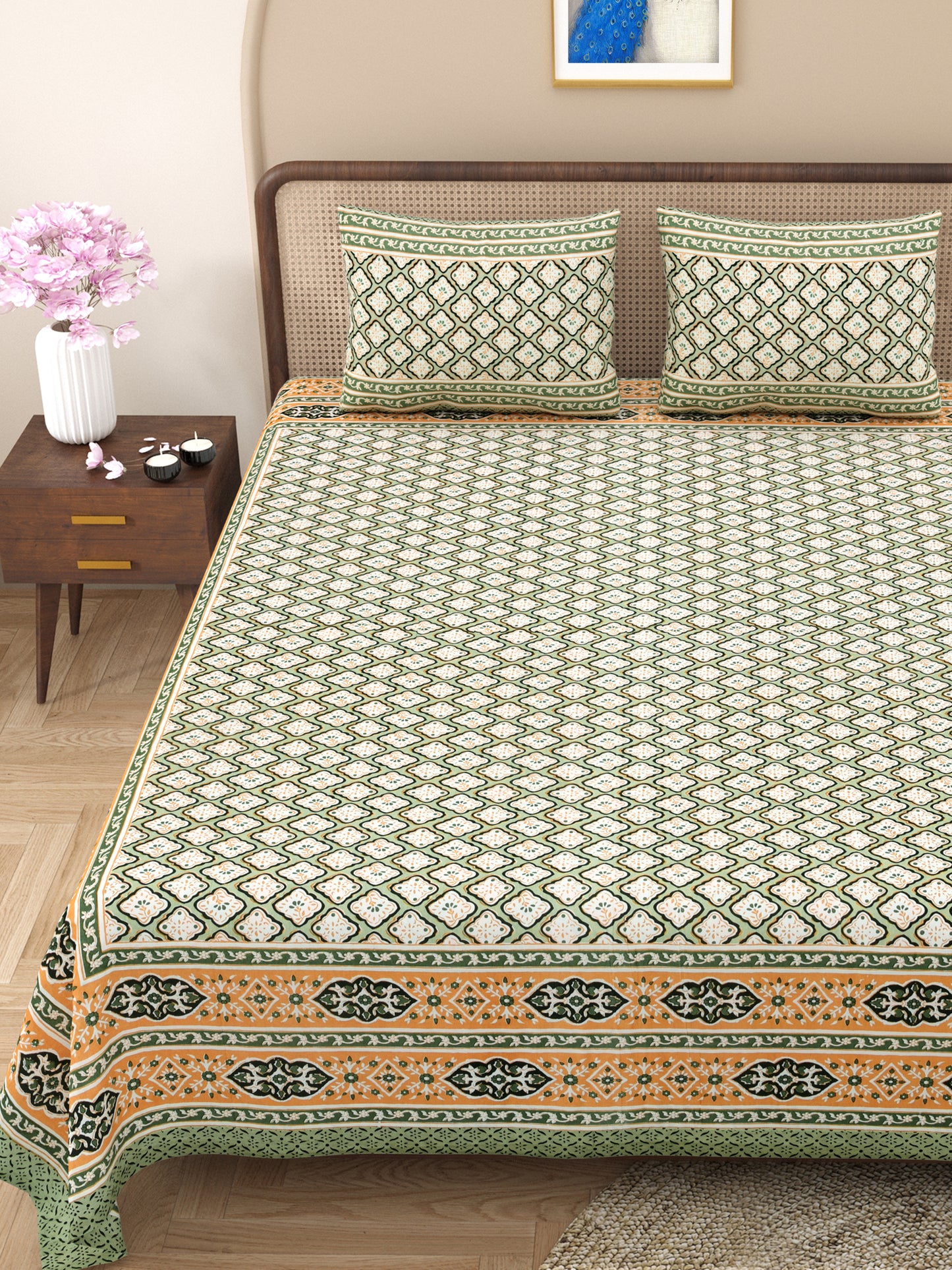 100% pure cotton jaipuri sanganari printed 98*108 king size Premium bedsheet with 2 Matching pillow covers