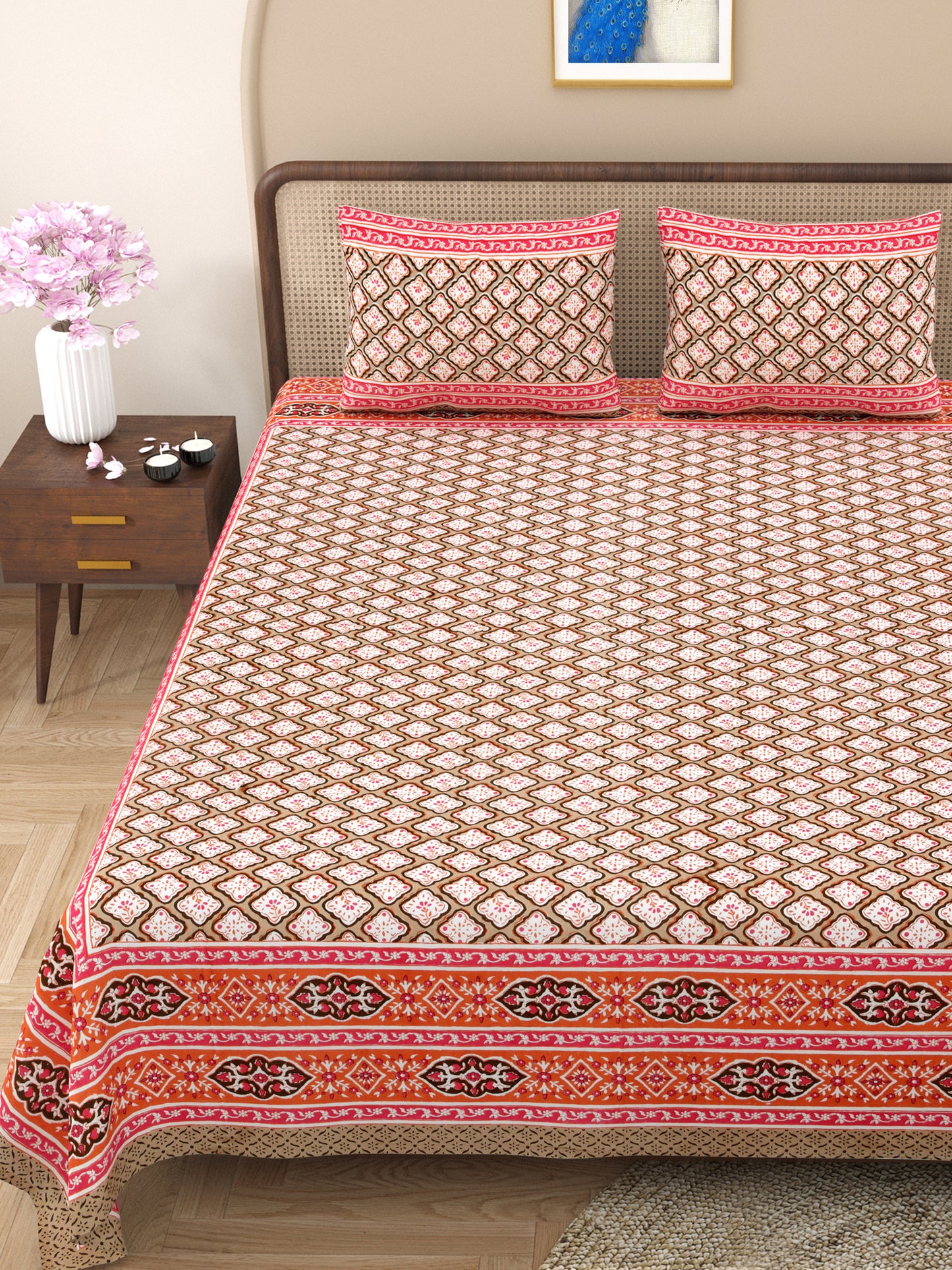 100% pure cotton jaipuri sanganari printed 98*108 king size Premium bedsheet with 2 Matching pillow covers