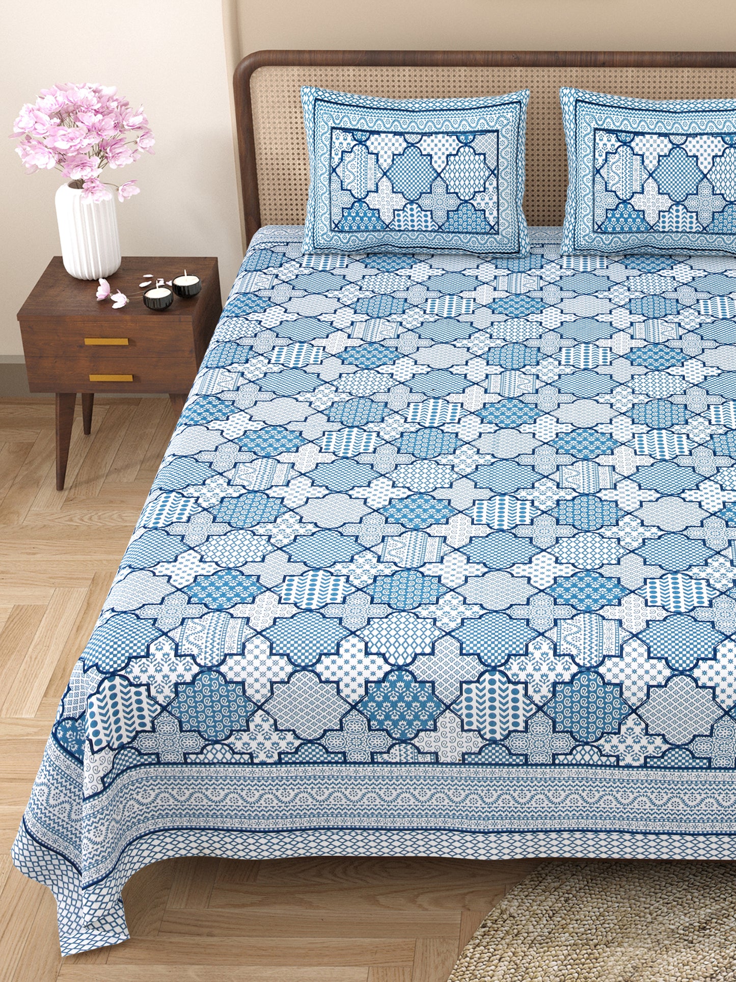 100% pure cotton jaipuri sanganari printed 98*108 king size Premium bedsheet with 2 Matching pillow covers