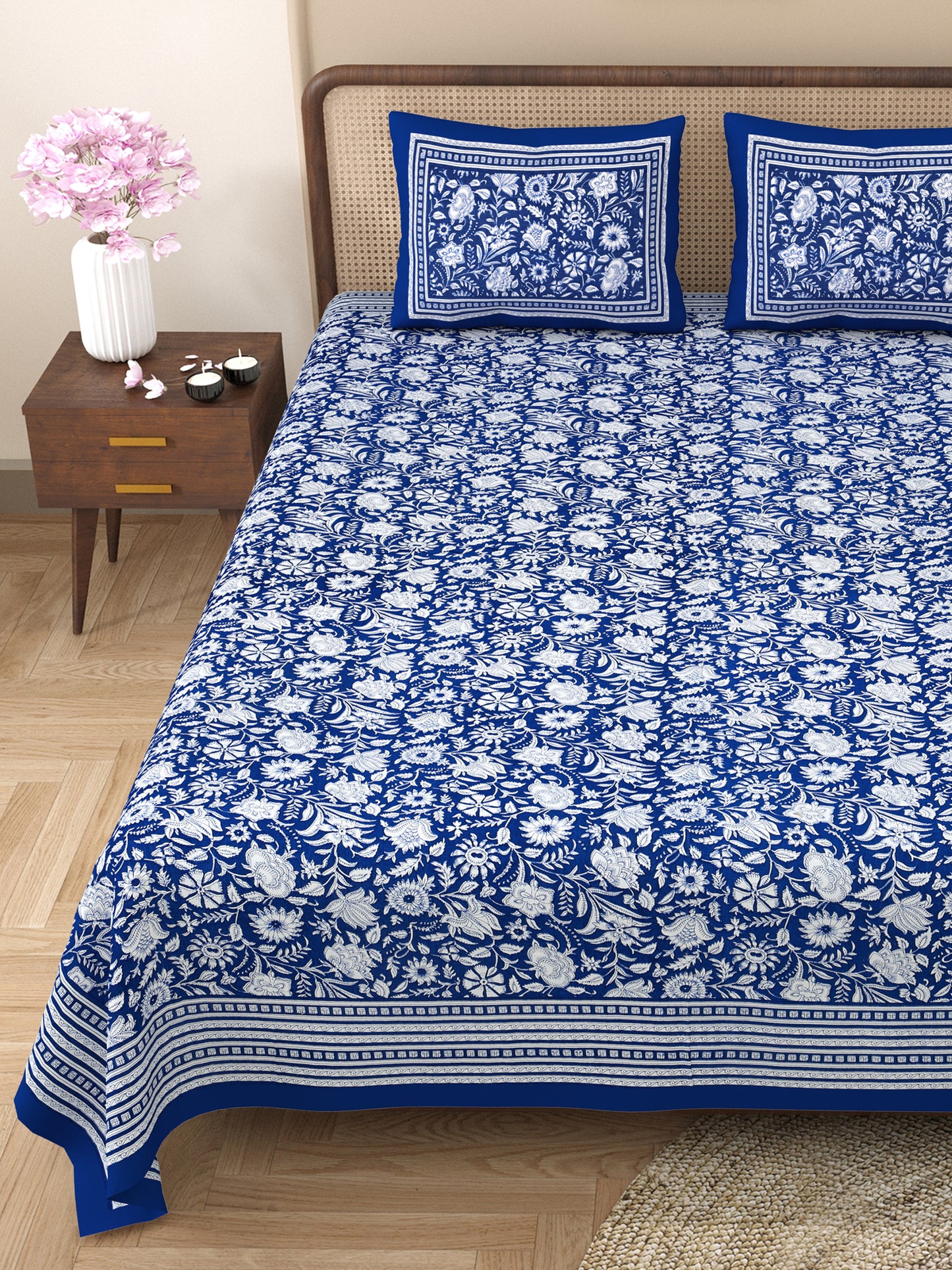 100% pure cotton jaipuri sanganari printed 98*108 king size Premium bedsheet with 2 Matching pillow covers