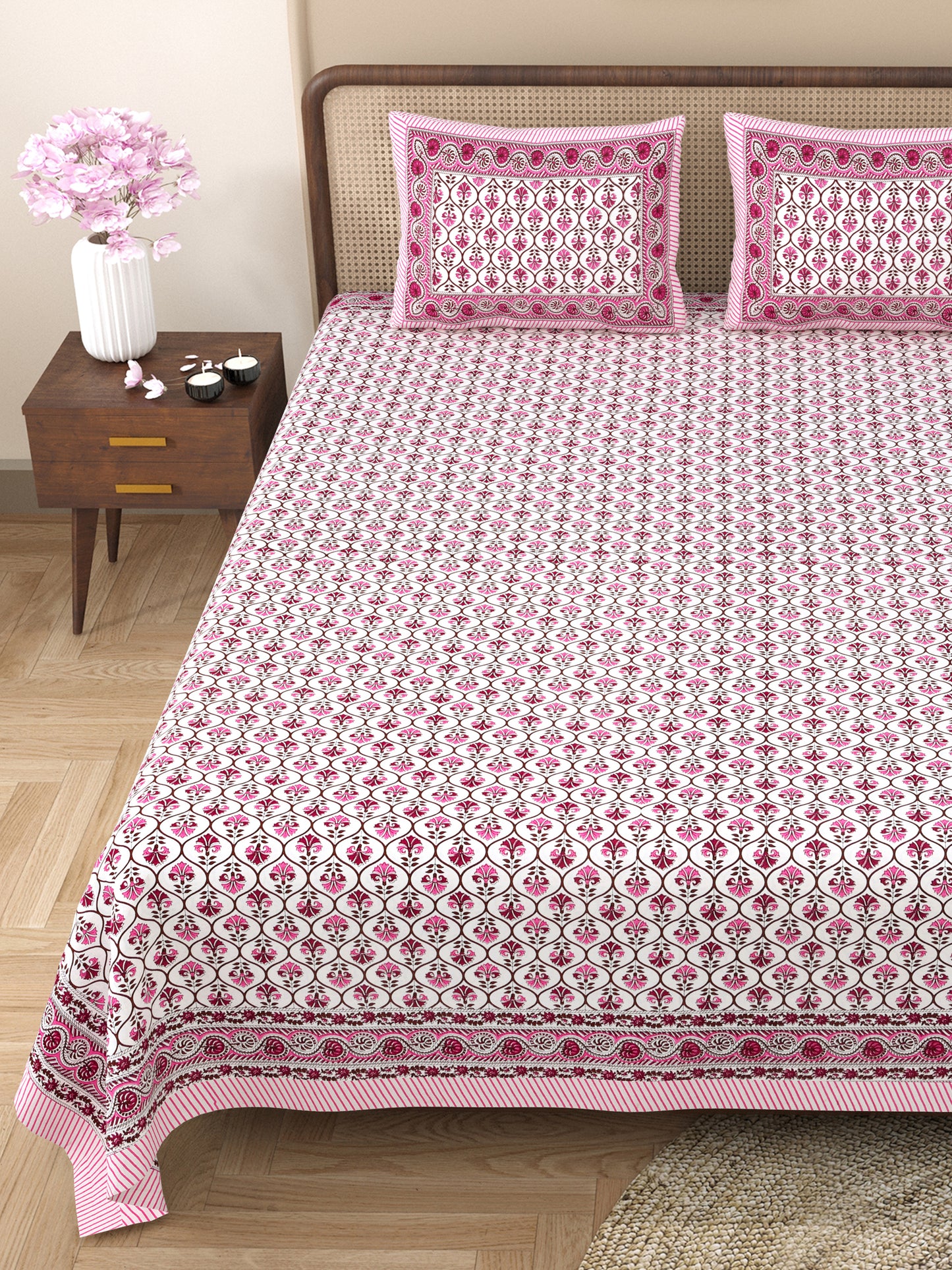 100% pure cotton jaipuri sanganari printed 98*108 king size Premium bedsheet with 2 Matching pillow covers