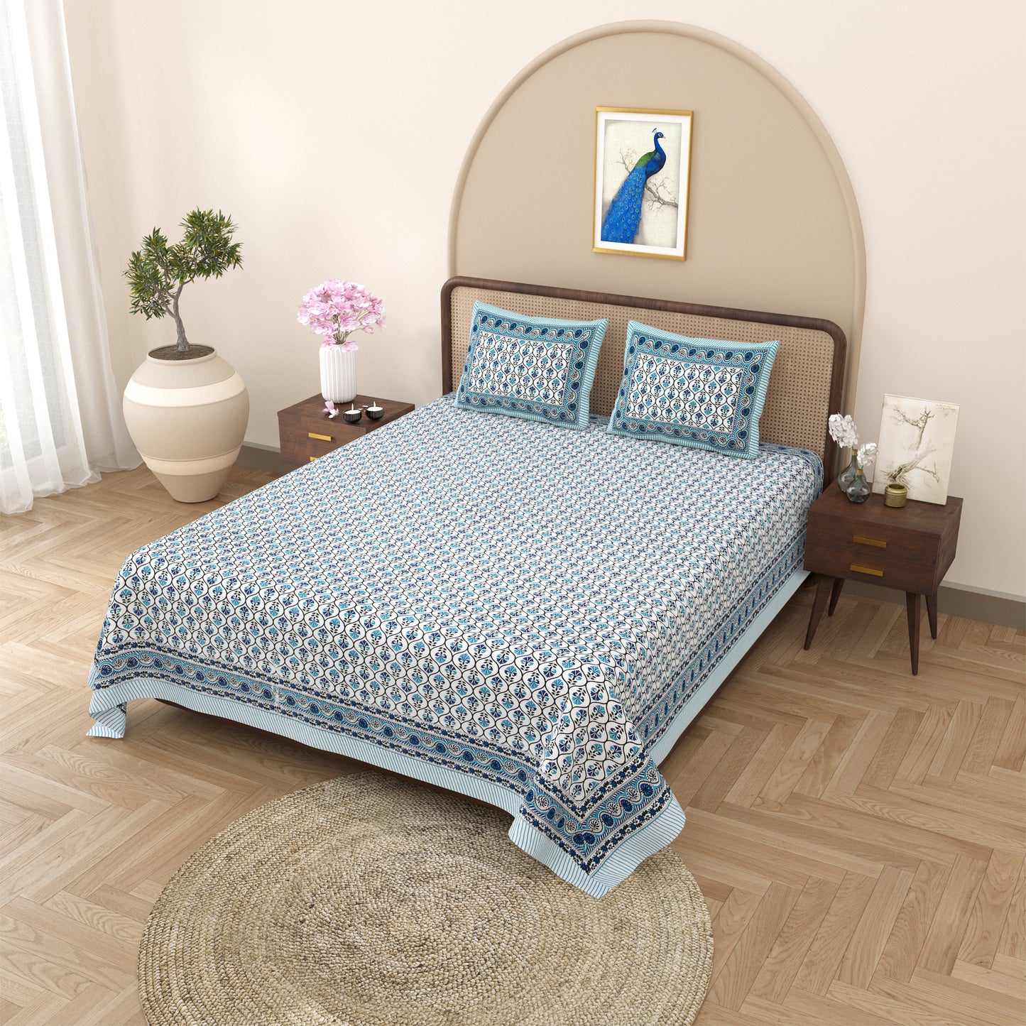 100% pure cotton jaipuri sanganari printed 98*108 king size Premium bedsheet with 2 Matching pillow covers