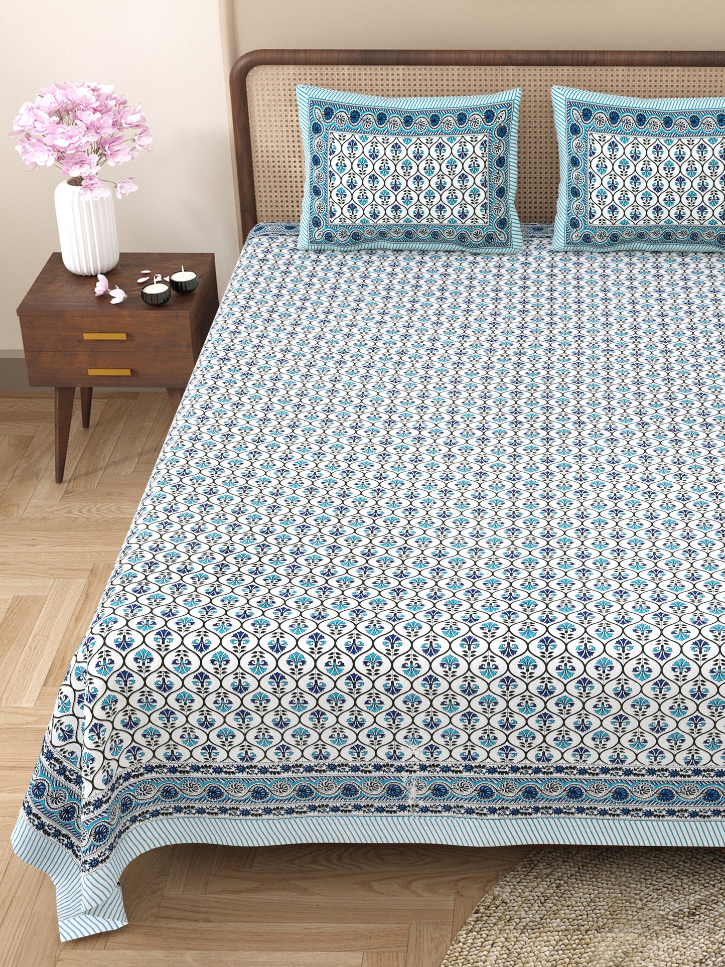 100% pure cotton jaipuri sanganari printed 98*108 king size Premium bedsheet with 2 Matching pillow covers