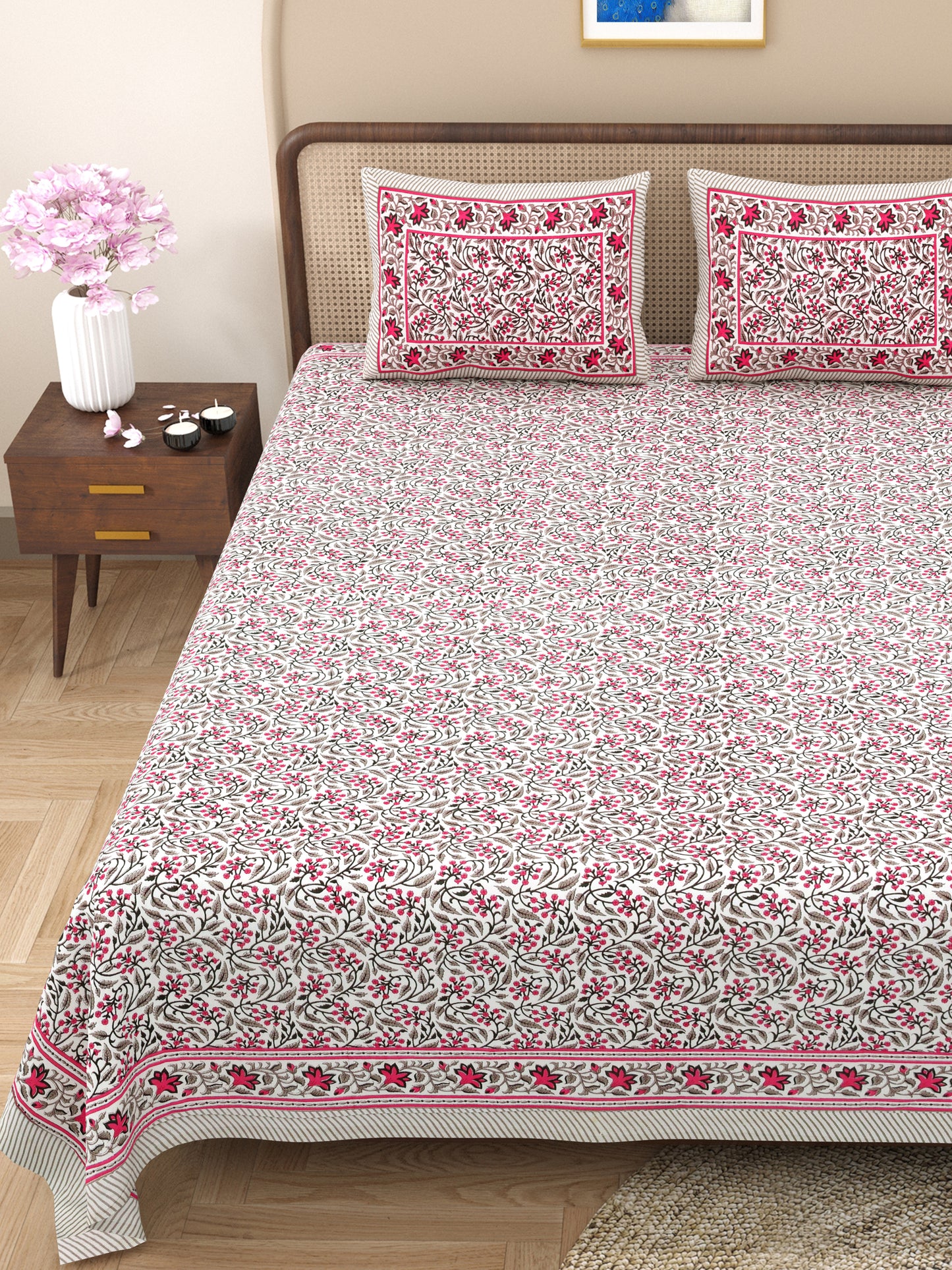 100% pure cotton jaipuri sanganari printed 98*108 king size Premium bedsheet with 2 Matching pillow covers