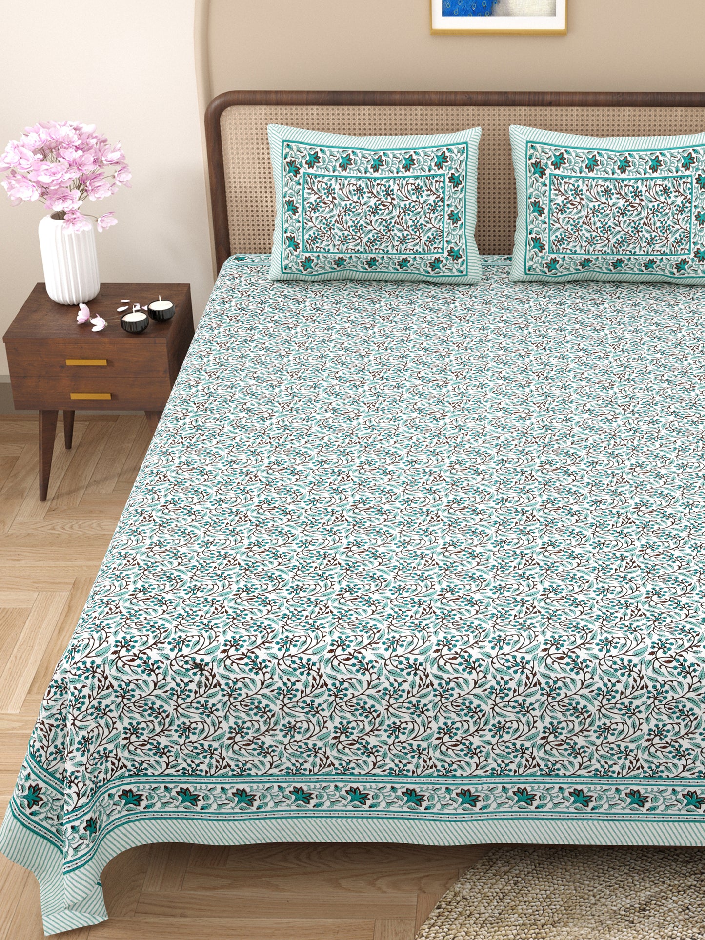 100% pure cotton jaipuri sanganari printed 98*108 king size Premium bedsheet with 2 Matching pillow covers