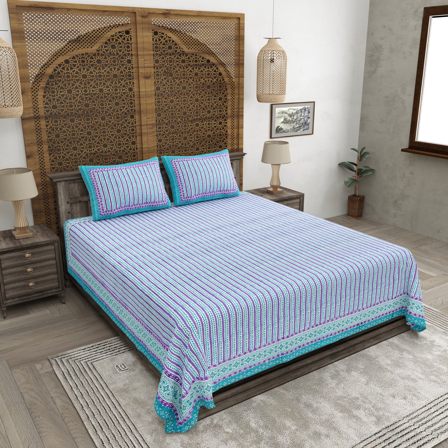 100% pure cotton jaipuri sanganari printed 98*108 king size Premium bedsheet with 2 Matching pillow covers