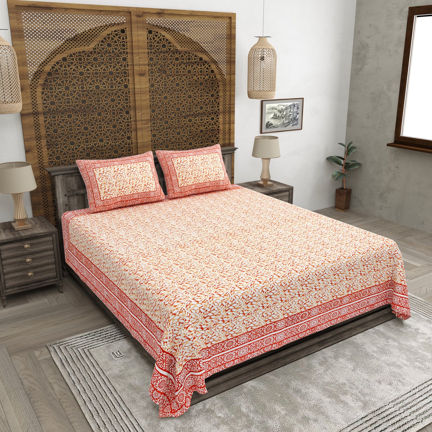 100% pure cotton (Size 98*108) jaipuri sanganari printed Super king Premium badsheet with 2 Matching pillow covers