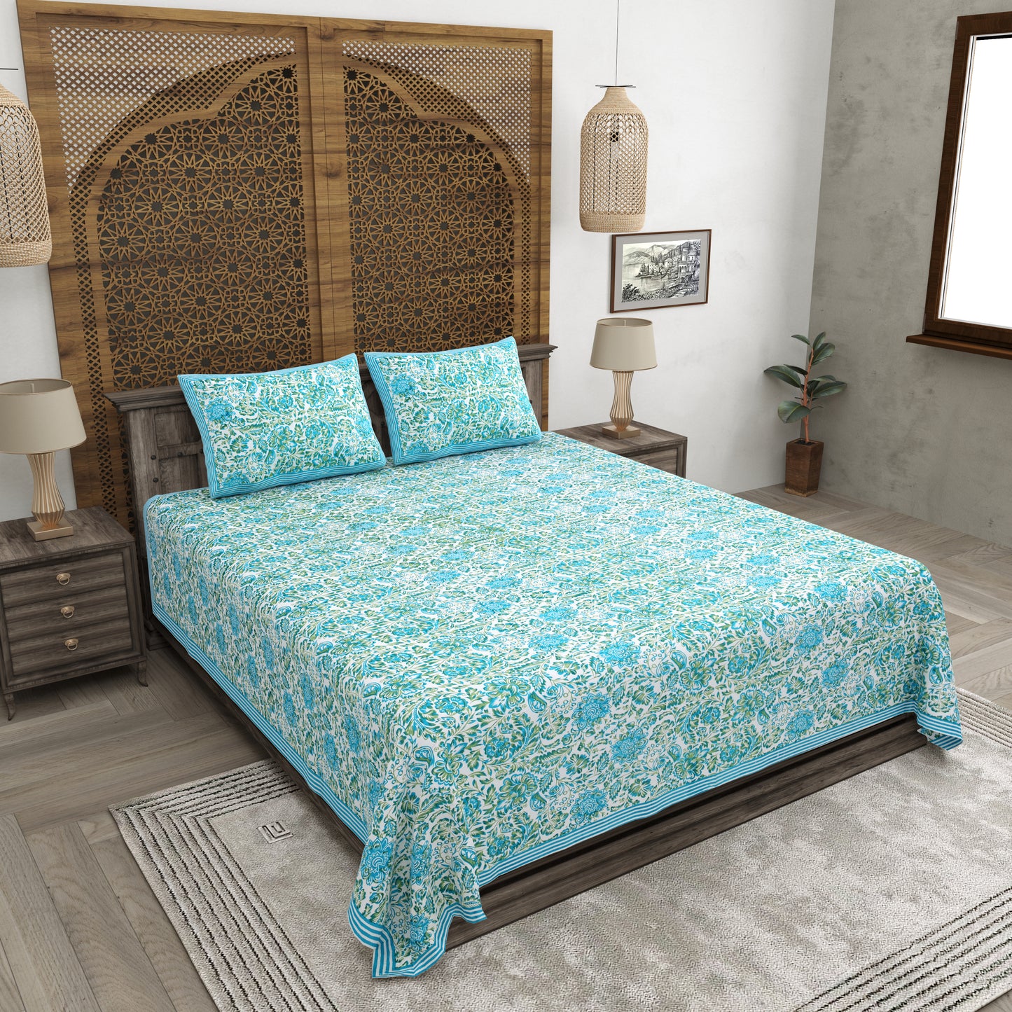 100% pure cotton jaipuri sanganari printed 98*108 king size Premium bedsheet with 2 Matching pillow covers